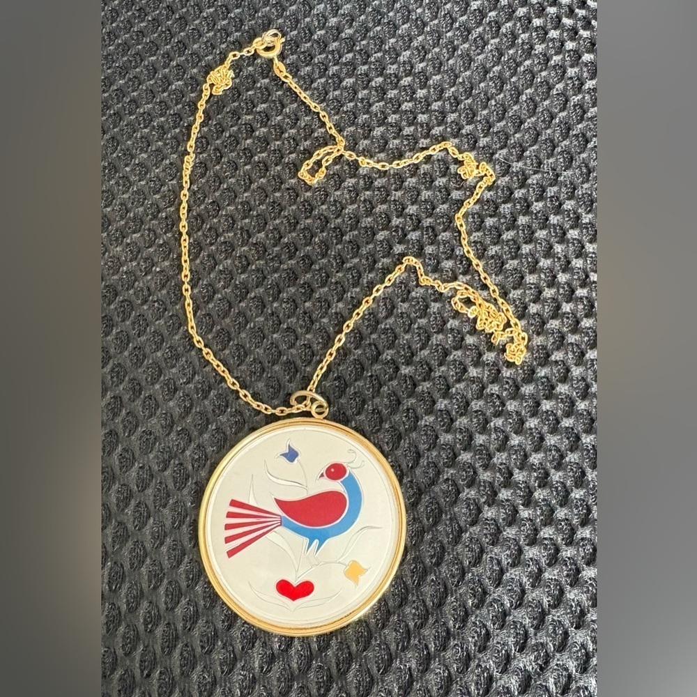 Cottagecore Bird & Heart Enamel Pendant Necklace - Folk Art